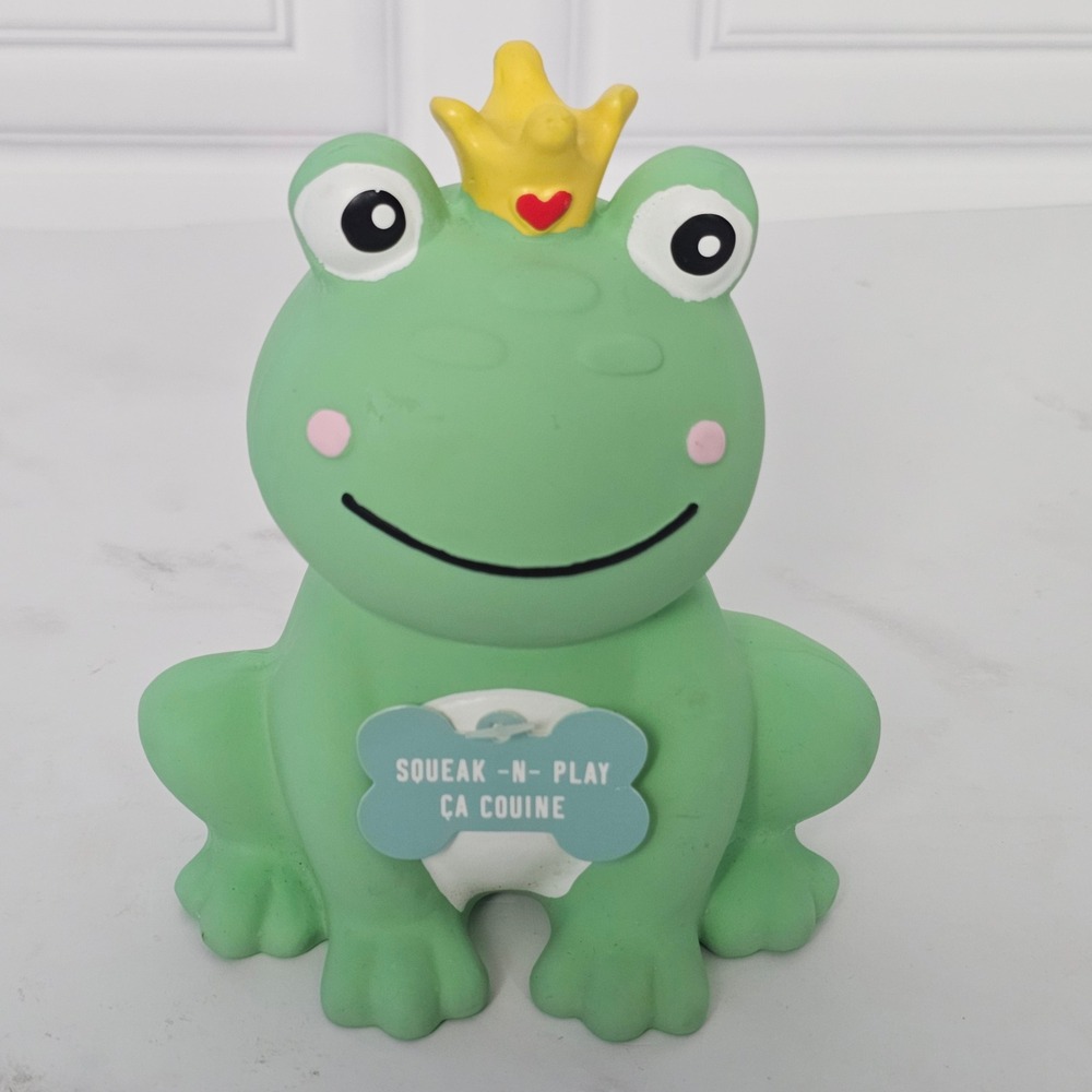 Fringe Frog Prince Latex Rubber Squeak Dog Toy Green Crown Heart Squeak-N-Play